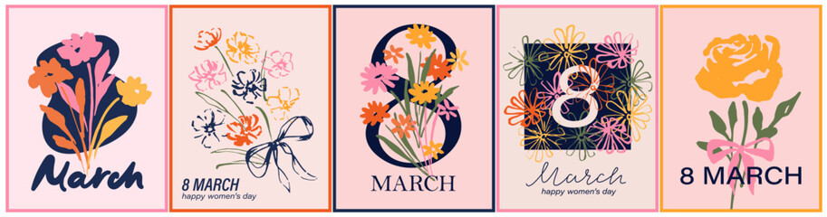 Fototapeta premium Spring flowers bouquets. 8 March, women's day, mother's day holiday cards set. Bright colorful botanical background, pattern. Hand drawn flowers