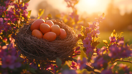 Easter eggs in a bird nest surrounded by spring flowers. Celebrate Easter with colorful eggs in a natural bird nest