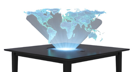 World map hologram technology on a table for global communication and innovation on transparent background