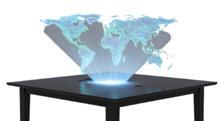 World map hologram technology on a table for global communication and innovation on transparent background