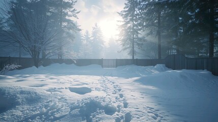 A peaceful snowy yard enclosed by a wooden fence