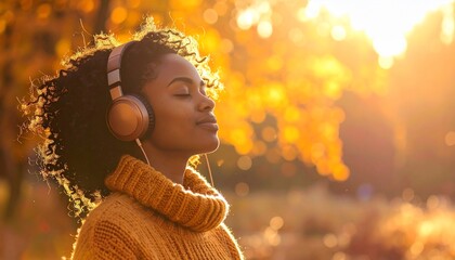 Serene Black Woman in Autumn Sunshine Listening to Music with Headphones.