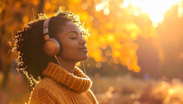 Serene Black Woman in Autumn Sunshine Listening to Music with Headphones.