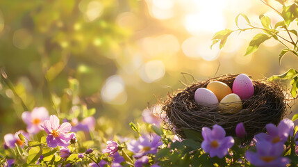 Easter eggs in a natural nest surrounded by spring flowers. Celebrate Easter with colorful eggs nestled in a springtime nest