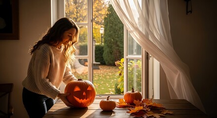 Woman preparing pumpkins for halloween near window with autumn leaves on wooden table