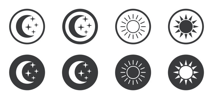 Day and night sun moon star icon set in line and solid styles