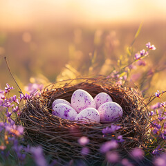 Easter eggs in a bird's nest surrounded by spring flowers. Celebrate Easter with speckled eggs nestled in a springtime nest