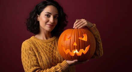 Woman in yellow sweater holding a glowing carved halloween pumpkin against a dark red background