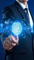 A man in a suit is touching a glowing fingerprint. Futuristic digital security concept using bio-identification. Circuitry elements surround the blue fingerprint