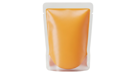 A close-up view of a transparent pouch filled with orange liquid against a white background