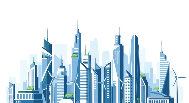 Modern cityscape illustration featuring skyscrapers and sustainable energy elements