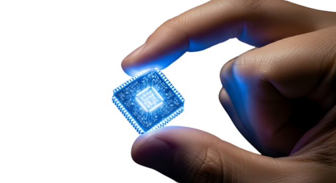 Hand holding glowing microchip processor technology innovation ai future computing on transparent background