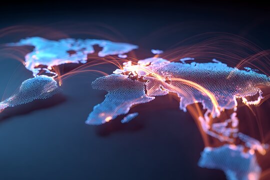 holographic map of the world with glowing light trails connecting countries, futuristic borderless communication theme,