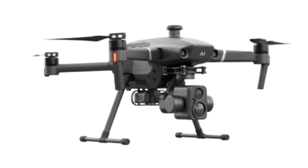 Aerial photography drone with advanced camera system for professional videography use on transparent background
