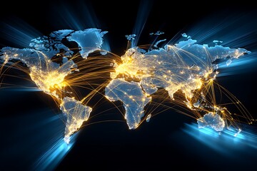 world map glowing with gold and blue lines showing trade and finance routes, global fintech connection
