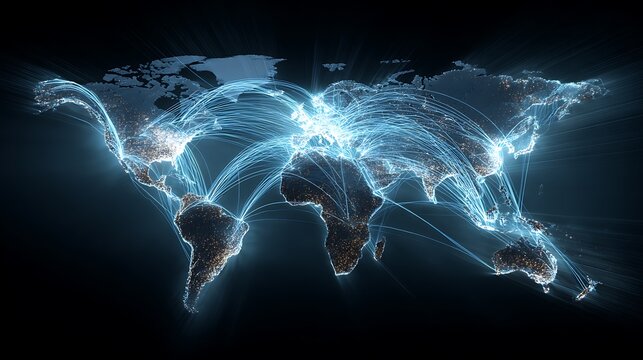 A glowing fiber runs through the world, representing a global data connection. - Powered by Adobe