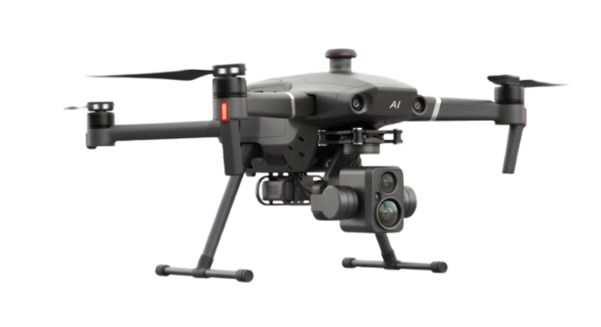 Aerial photography drone with advanced camera system for professional videography use on transparent background - Powered by Adobe