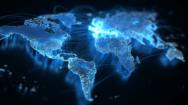 A glowing fiber runs through the world, representing a global data connection.