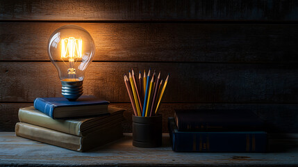 Illuminated light bulb with books and colorful pencils on wooden surface. Creative lighting of a light bulb, books, and pencils in a study setting