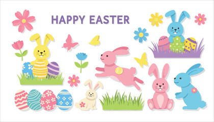 Colorful Easter-themed illustration featuring various cartoon bunnies, decorated eggs, and floral elements.