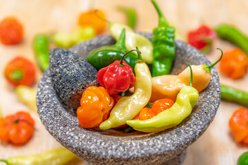 Colorful Hot Sweet Peppers, Fresh Chili Salsa Healthy Ingredients, Molcajete Volcanic Stone Mortar Pestle Bowl