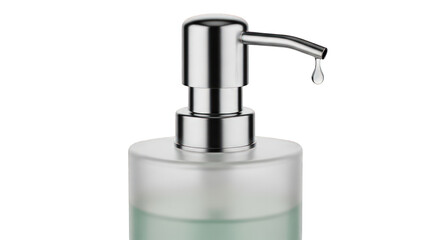 Obraz premium Close-up of a chrome soap dispenser with a drop of liquid falling from the spout.