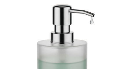 Close-up of a chrome soap dispenser with a drop of liquid falling from the spout.