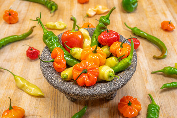 Colorful Hot Sweet Peppers, Fresh Chili Salsa Healthy Ingredients, Molcajete Volcanic Stone Mortar Pestle Bowl