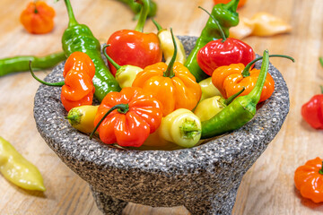 Colorful Hot Sweet Peppers, Fresh Chili Salsa Healthy Ingredients, Molcajete Volcanic Stone Mortar Pestle Bowl