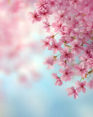 Close-up of delicate sakura cherry blossoms against a soft pastel background. Soft-focus sakura flowers in full bloom with gentle pastel tones