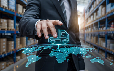 Businessman touching a glowing truck icon on a digital world map overlay in a warehouse, symbolizing global logistics and supply chain management