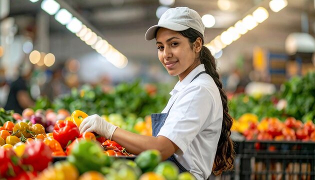 Smiling female worker at farmers market arranging fresh produce in a store.