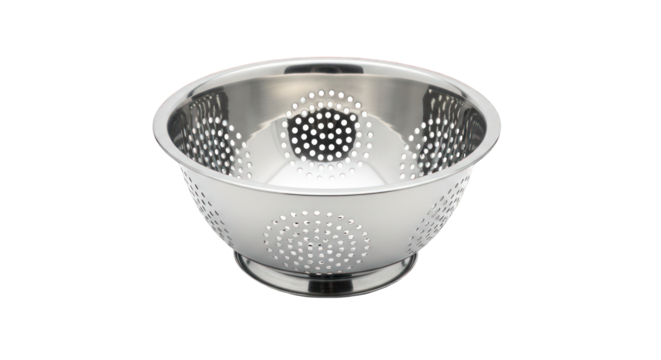 A shiny stainless steel colander with many small holes for draining food.