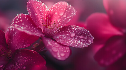 Close-up of pink sakura flowers with dew drops on petals. Beautiful sakura blossoms with glistening dew drops on the petals