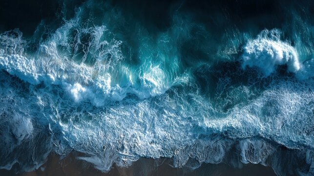 Aerial view of powerful ocean waves breaking against the dark shoreline foam white water texture background
