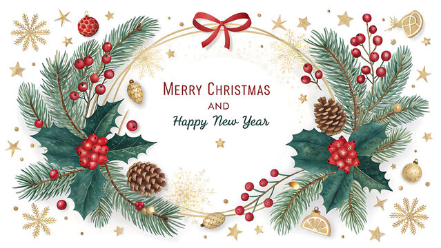 Merry christmas and happy new year frame with fir branches isolated on white background - Powered by Adobe