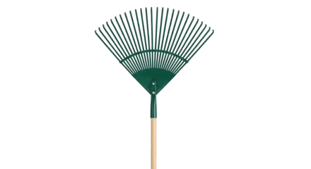 A green metal fan rake with a wooden handle is shown against a white background.