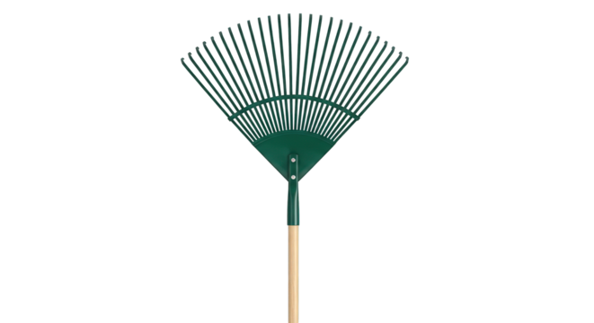 A green metal fan rake with a wooden handle is shown against a white background.