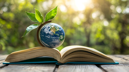 Open book with globe and plant symbolizing environmental knowledge and growth. Environmental awareness and education represented by a globe inside a book