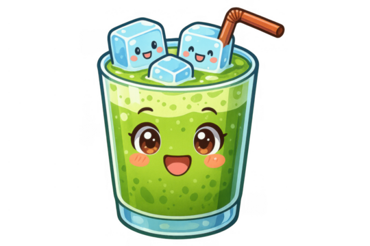 Kawaii matcha smoothie drink with cute ice cubes cartoon character illustration on transparent background