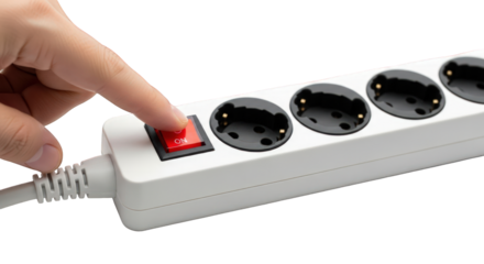 A finger presses the red power switch on a white electrical power strip with multiple outlets.