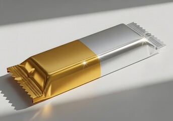 A golden and silver wrapper for a chocolate bar or snack, isolated on a white background, with soft shadows and highlights