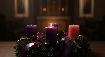 Advent Wreath Candles Glowing for First Sunday of Advent Celebration & Christmas Hope