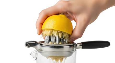 A hand squeezes a halved lemon in a metal citrus juicer over a glass pitcher.