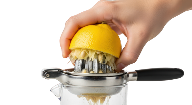 A hand squeezes a halved lemon in a metal citrus juicer over a glass pitcher.