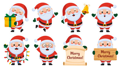 Festive Santas spread holiday cheer with gifts, bells, and festive greetings