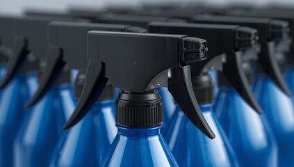 Blue plastic spray bottles with black trigger nozzles lined up