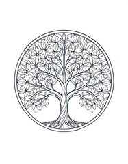 A detailed line art of a tree within a circle, with intricate leaf and branch patterns on a white background