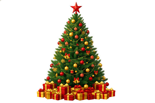 Decorated christmas tree with gifts and red star on white background