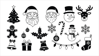Collection of festive black and white Christmas illustrations featuring Santa, ornaments, and holiday symbols.
